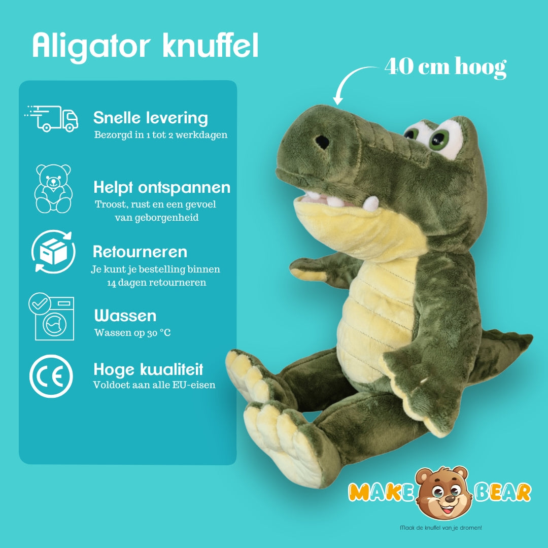 Infographic alligator knuffel – maak je eigen knuffel en personaliseer bij Make a Bear