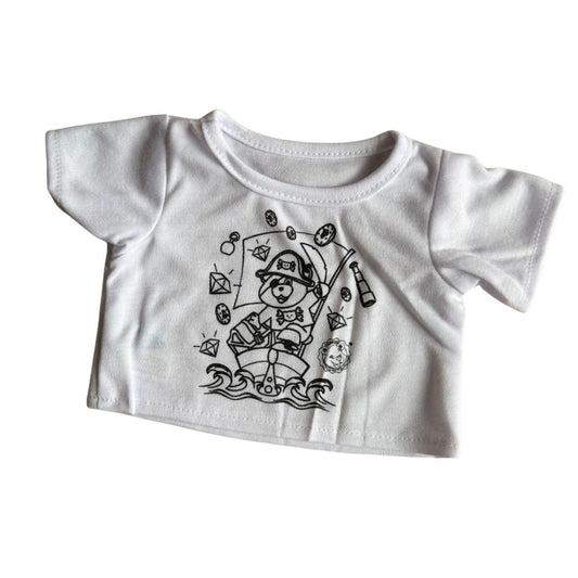 Wit t-shirt voor knuffels met piratenprint – kleurplaat op textiel die kinderen zelf kunnen inkleuren, perfect accessoire van Make a Bear
